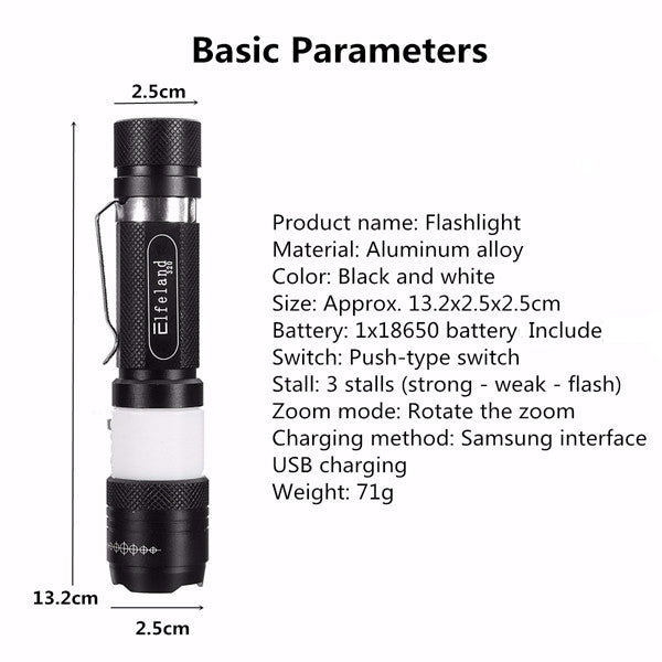 Elfeland  T6 3Modes 2000LM USB Rechargeable Zoomable LED Flashlight+18650