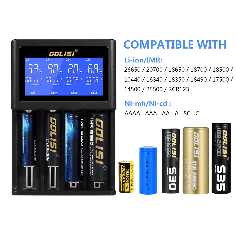 GOLISI i4 LCD Screen 2A Fast USB Battery Charger For 18650 26650 14500 Battery