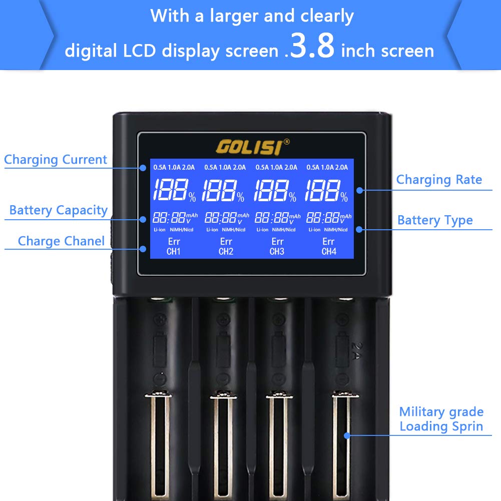 GOLISI i4 LCD Screen 2A Fast USB Battery Charger For 18650 26650 14500 Battery