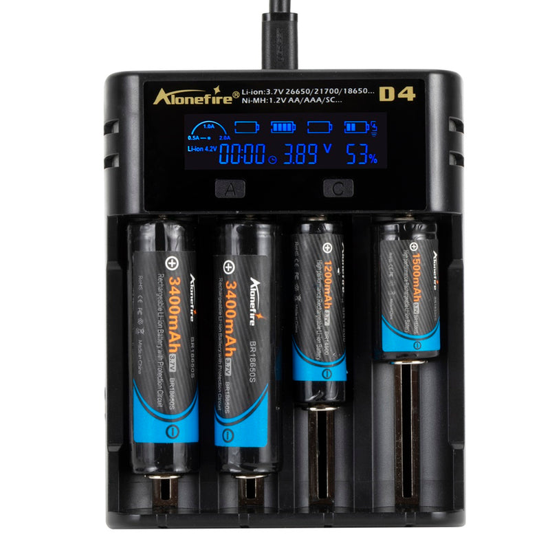 Alonefire® D4  4slots 2A LCD Screen Display Smart Charger for 18650 26650 21700 Universal Battery USB Charging AA AAA Intelligent Fast Charger