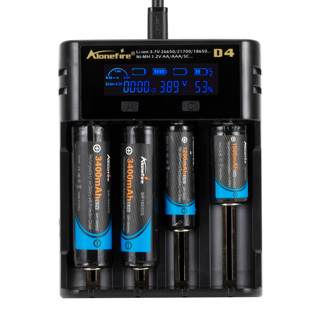 Alonefire® D4  4slots 2A LCD Screen Display Smart Charger for 18650 26650 21700 Universal Battery USB Charging AA AAA Intelligent Fast Charger