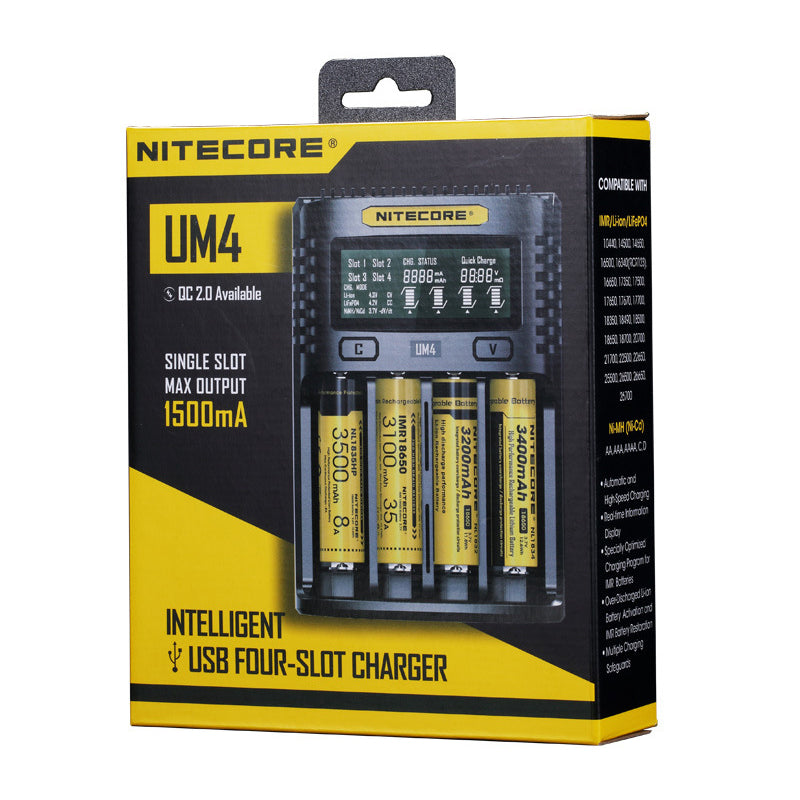 NITECORE UM4 LCD Screen Display Lithium Battery Charger 4-Slots USB Charging Smart Rapid Battery Charger