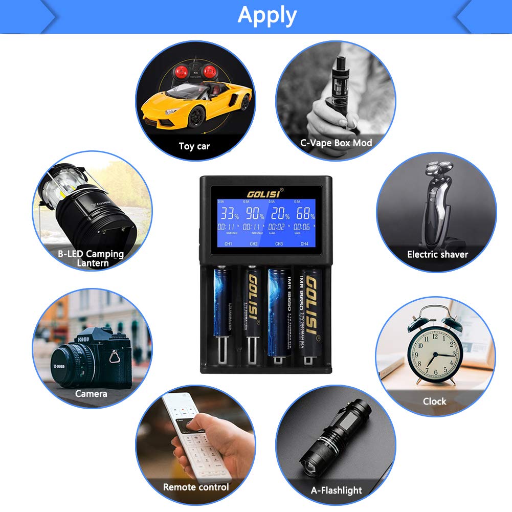 GOLISI i4 LCD Screen 2A Fast USB Battery Charger For 18650 26650 14500 Battery