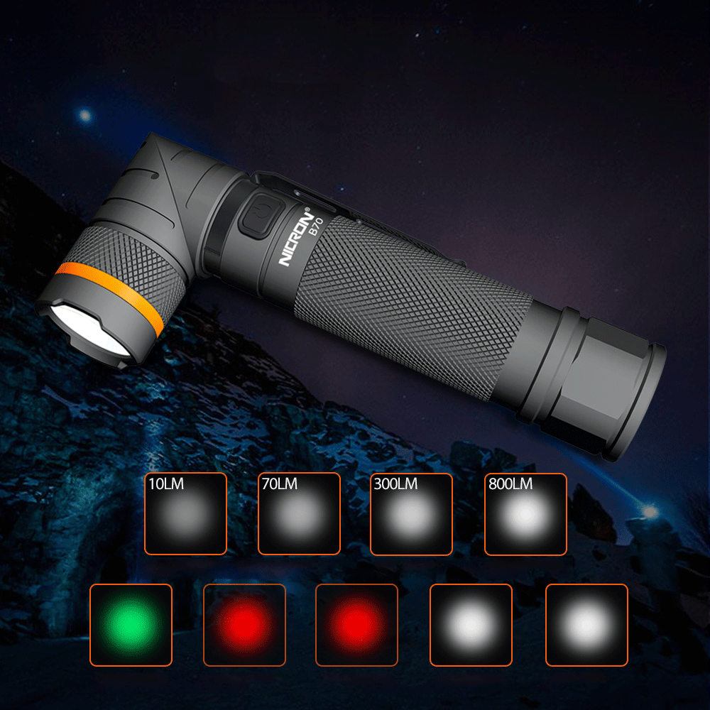 NICRON B70 800lm Flashlight Magnet 90° Waterproof 4 Modes Zoomable LED Work Lamp Camping Hunting Emergency Lantern