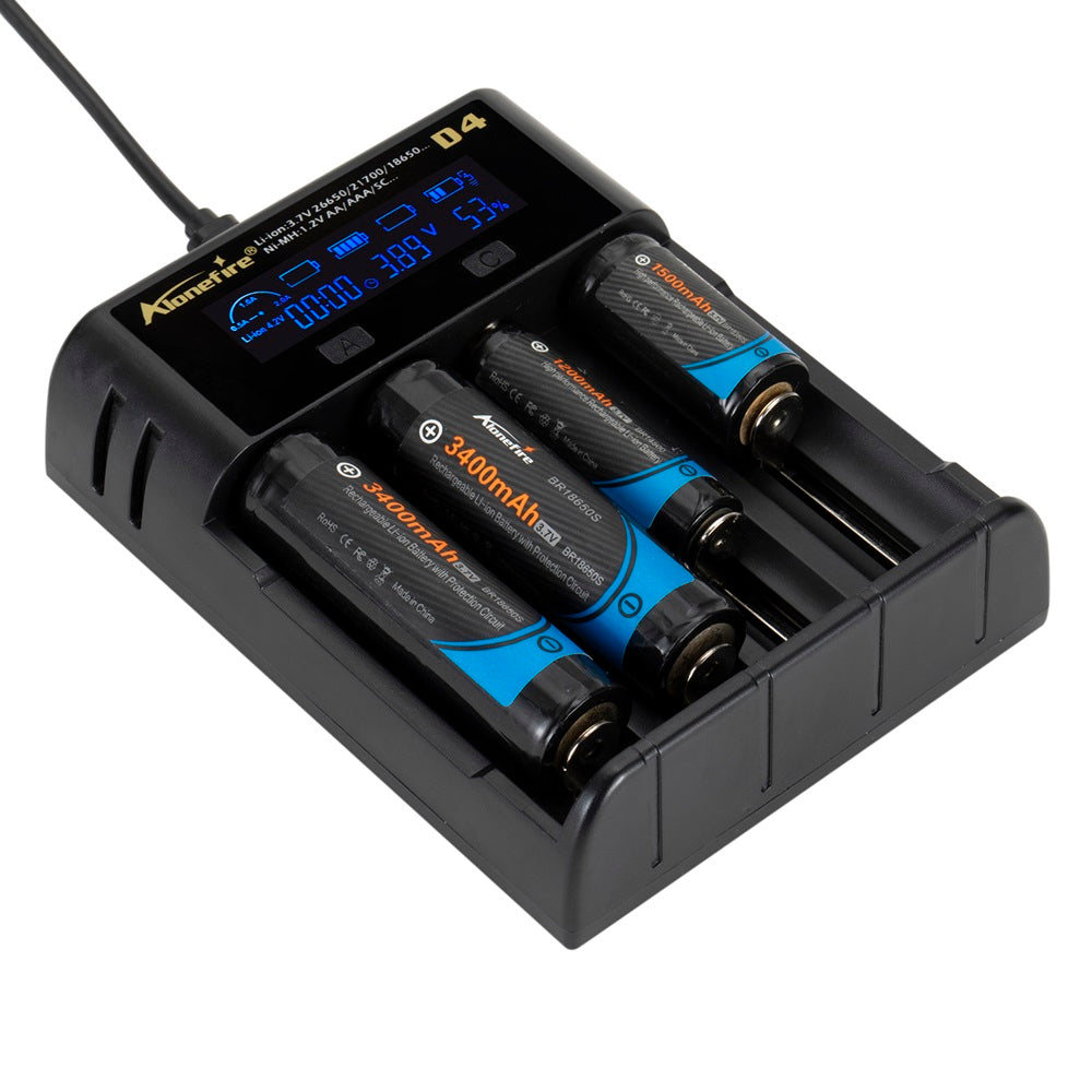 Alonefire® D4  4slots 2A LCD Screen Display Smart Charger for 18650 26650 21700 Universal Battery USB Charging AA AAA Intelligent Fast Charger
