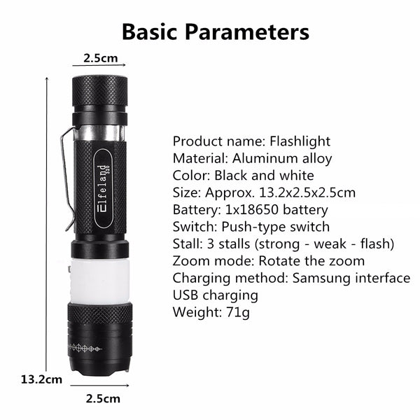 Elfeland  T6 3Modes 2000LM USB Zoomable LED Flashlight+18650+USB Charging Cable